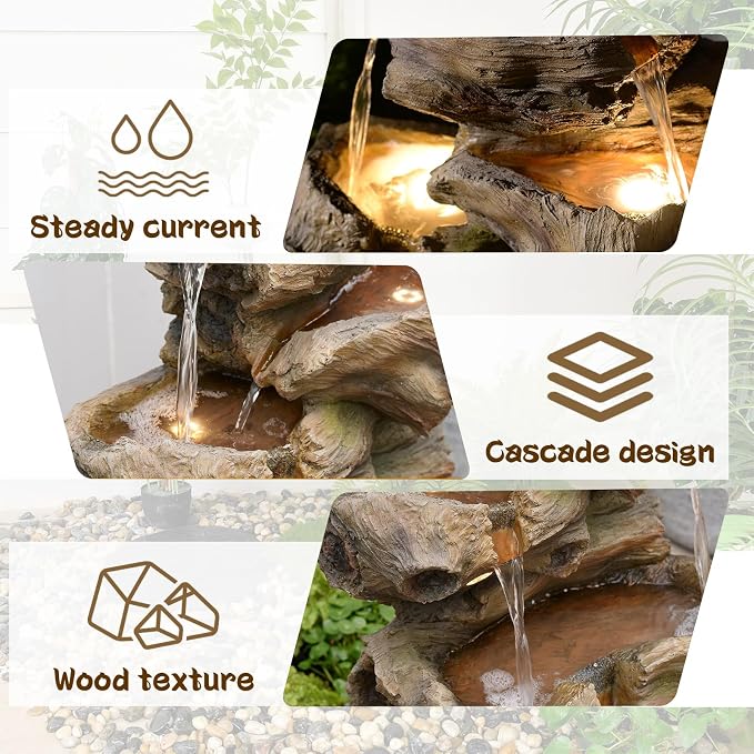 Sunlinua 40" H Outdoor Water Fountain with 5 Tiers Large Cascading Realistic Tree Trunk Waterfall Fountains with LED Lights Outdoor Water Fountain for Garden Patio Backyard Porch Home Decor