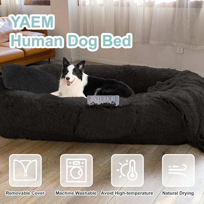 YAEM Black Human Dog Bed for Adult and Pets - 71"x45"x12" Dogs Beds for Humans with Washable Faux Fur Cover, Plump Pillow, Blanket, Orthopedic Design & Strap