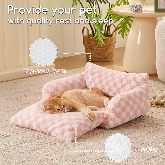Hollypet Cat Bed Fluffy Plush Multifunctional Double-Layer Machine Washable Soft Warming Kitty Pet Couch Orthopedic Nest Beds for Small Cats Kitten and Dogs up to 13lbs, Pink and White(21x15x8 inch)