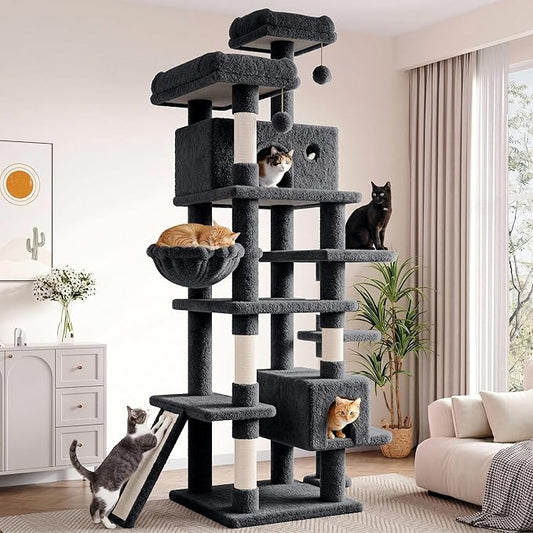 SHA CERLIN 82 inch, Multi-Level Cat Tree Tower for Indoor Cats, Cat Condo with Sisal Scratching Posts, Plush Perches, Hammocks, Toy Balls, Dark Grey