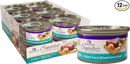 Wellness CORE Signature Selects Shredded Adult Canned Wet Cat Food, Natural, Protein Rich, Grain Free, Skipjack Tuna and Shrimp Entrée Recipe, 2.8 oz, Pack of 12 Cans