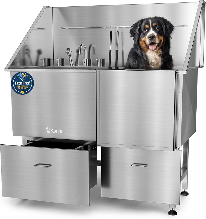 KANIS Professional Dog Washing Station 304 Stainless Steel Pet Wash Sink & Grooming Bathtub w/Shower, Floor Grates and Storage for Large, Medium & Small Pets (Silver, 50 Inches, Right Ramp, 2 Drawers)