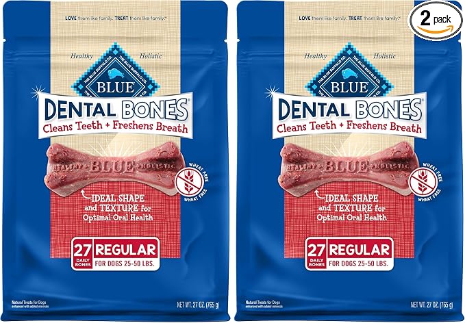 Blue Buffalo Dental Bones Regular Natural Dental Chew Dog Treats Bag Value Pack,(Pack of 2)