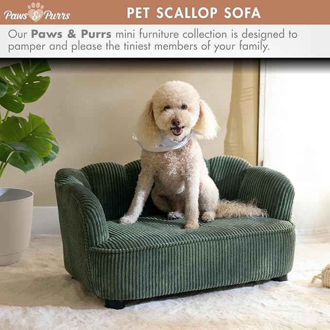 Paws & Purrs Retro Scalloped Back Sofa Style Pet Bed, Dog & Cat Couch with Tufted Cushion & Armrest, Stylish Indoor Pet Furniture, Sage