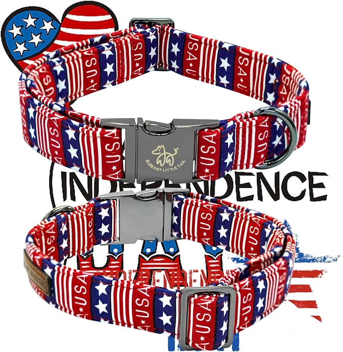 Elegant little tail Independence Dog Collar, Patriotic Pet Collar with Bow Tie American 4th of July Pet Cotton Soft Boy Girl Adjustable Collars for Large Dogs