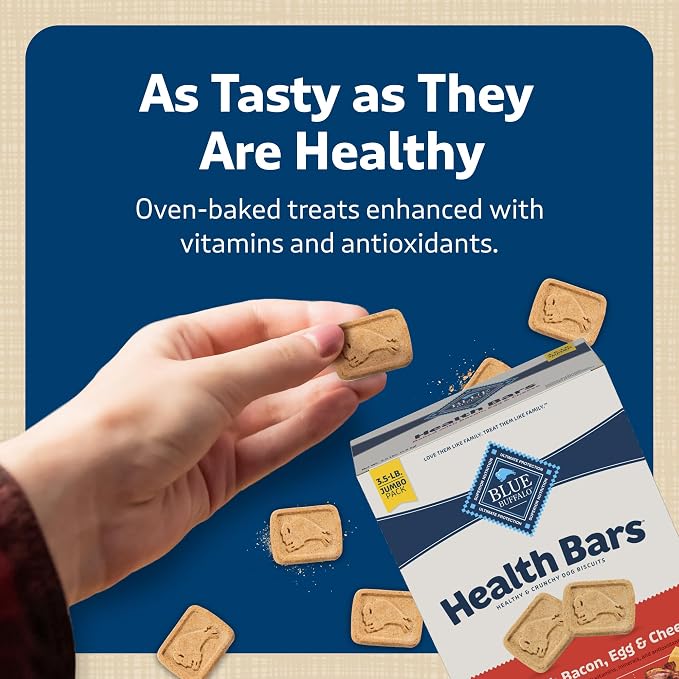 Blue Buffalo Mini Health Bars Crunchy Dog Biscuits, Oven-Baked with Natural Ingredients, Bacon, Egg & Cheese, 2-lb Box (Pack of 3)