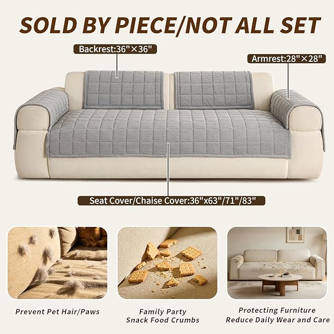 Velvet Couch Covers for Sectional Sofa Washable, Non-Slip L Shaped Sectional Couch Cover, Soft Pet Couch Covers for Sofa, Furniture Slipcovers for 3 Cushion Couch(1PC,35"x83",Light Grey)