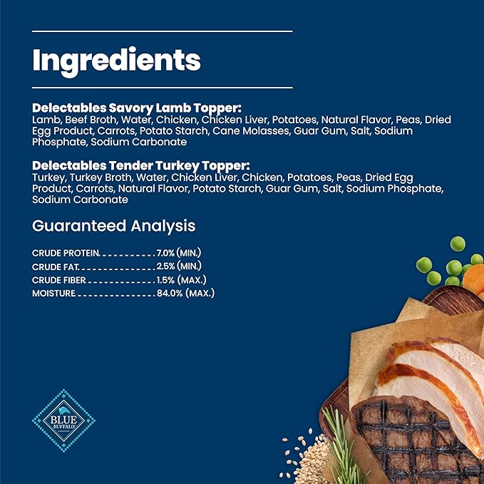 Blue Buffalo Delectables Variety Pack Natural Wet Dog Food Topper (Savory Lamb & Tender Turkey) Tender Cuts in Gravy with Natural Ingredients, Vitamins & Minerals, 3-oz. Each (12 Pouches)