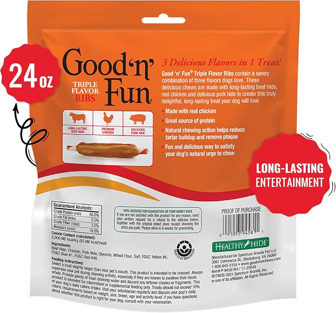 GOOD 'N' FUN Ribs Long-Lasting Dog Treat, with Real Proteins, Beef Hide and Premium Chicken, Supports Dental Health, Mental Stimulation, 24 oz