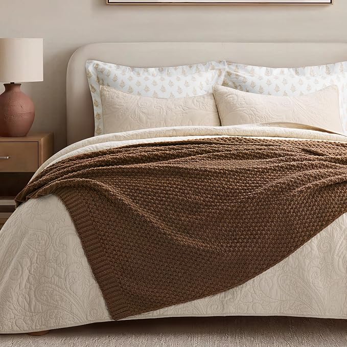 EVERGRACEHOME Chunky Chenille Knit Throw Blanket for Couch, Soft Luxurious Moss Stitch Chair Blankets for Bed, Cozy Decorative Farmhouse Knitted Throws for Sofa, Burnt Orange, 60" x 80"