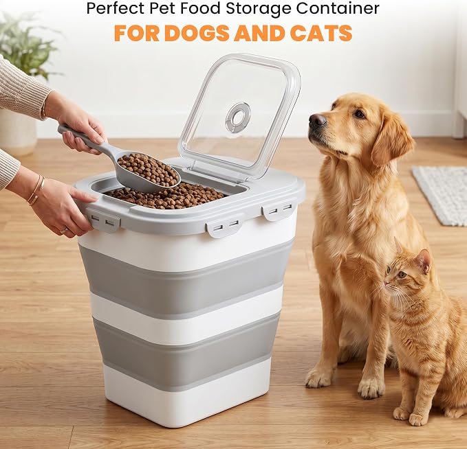 40 Lbs Dog Food Storage Container with Wheels, Collapsible Pet Food Storage Container with Clear Window, 2 Measuring Cups and Scoop, BPA Free Cat Food Container for Rice, Flour, Grain, Bird Seed