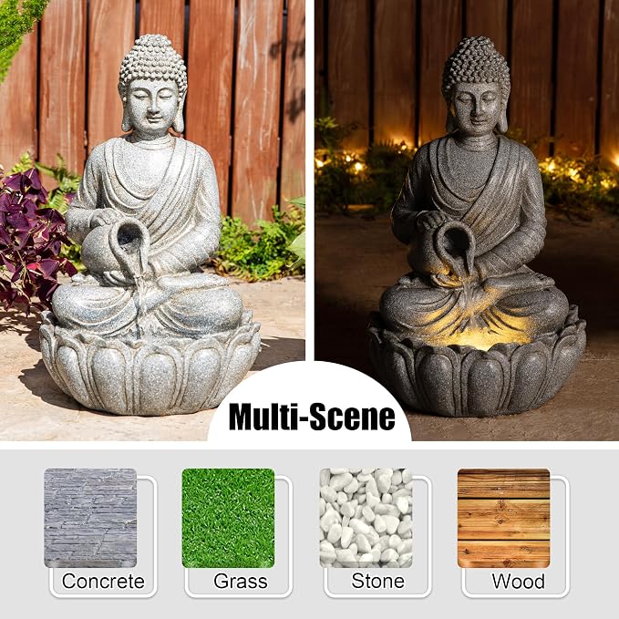 Glitzhome Buddha Fountain Outdoor 20.5" H, 2-Tier Zen Style Concrete Meditating Buddha Statues Water Fountains with Pump & LED Light, Buddhas Floor Fountains Sculpture for Garden Patio Backyard