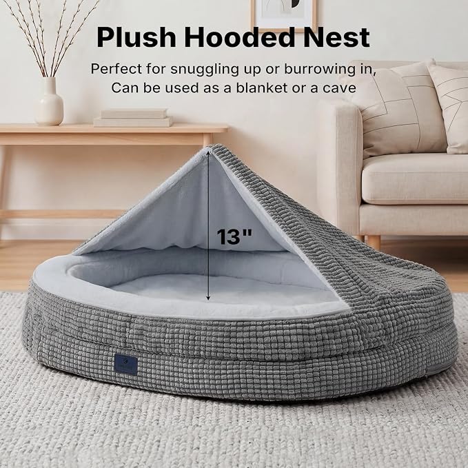 Veehoo 2 in 1 Dog Bed with Cover Cave, XL Dog Beds Indoor with Hooded Blanket, 48 inch Cozy Dogs Cave Bed with Removable Washable Cover for Extra Large Dogs Up to 110 lbs