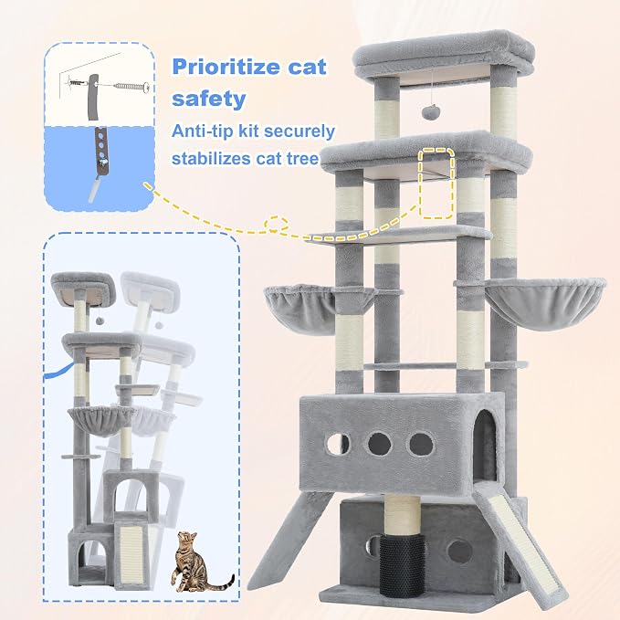 Hey-brother Cat Tree Tower, 71.5 Inches Scratching Posts with Extra Large Platform, 2 Cozy Condos, 2 Hammocks and Scratch Boards, Multi-Level House for Multiple Indoor Cats, Smoky Gray MPJ085W
