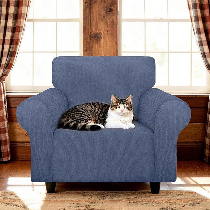 Waterproof Stretch Spandex Chair Sofa Slipcover - Non-Slip Soft Couch Cover with Elastic Bottom, Washable Leakproof Furniture Protector for Kids, Pets, Dogs & Cats(Chair, Blue Grey)