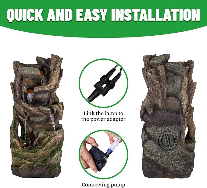 Solarbloom 38.6" H Outdoor Fountains, Multi-Tier Rock Tree Trunk Outdoor Water Fountain with LED Lights, Freestanding Cascading Waterfall for Garden, Patio, Backyard, Porch Decor