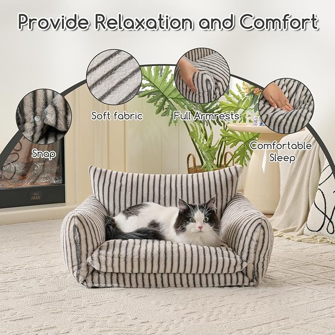 Hollypet Cat Bed Fluffy Plush Multifunctional Double-Layer Machine Washable Soft Warming Kitty Pet Couch Orthopedic Nest Beds for Small Cats Kitten and Dogs up to 13lbs, Gray Stripes(25x20x13in)