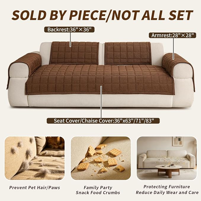 Velvet Couch Covers for Sectional Sofa Washable, Non-Slip L Shaped Sectional Couch Cover, Soft Pet Couch Covers for Sofa, Furniture Slipcovers for 2-3 Cushion Couch(1PC,35"x71",Dark Brown)
