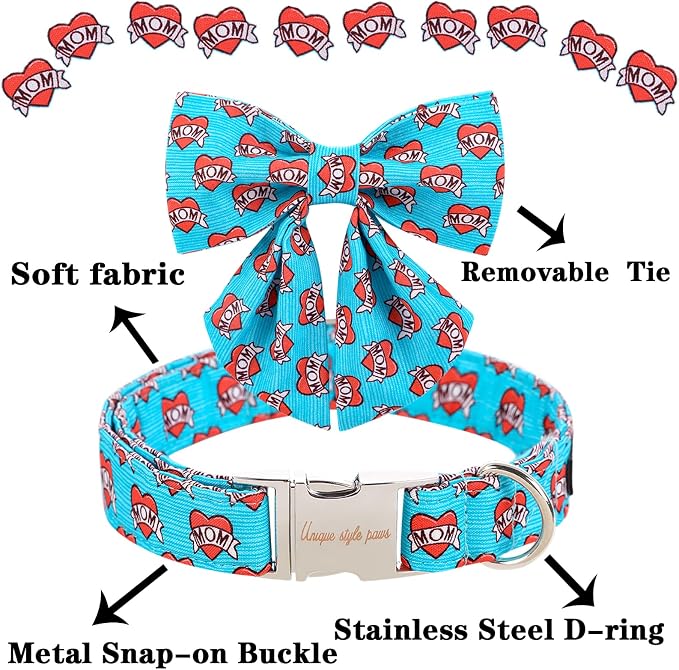 Unique style paws Valentine's Day Dog Collar with Tie Blue Heart Puppy Collar Best Gift for Small Medium Large Boys Girls-S
