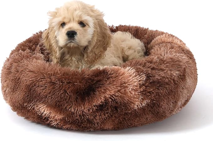 NOYAL Calming Donut Dog Bed for Small to Medium Dogs & Cats - Plush Faux Fur Anti-Anxiety Pet Bed with Machine Washable Cover & Non-Slip Base