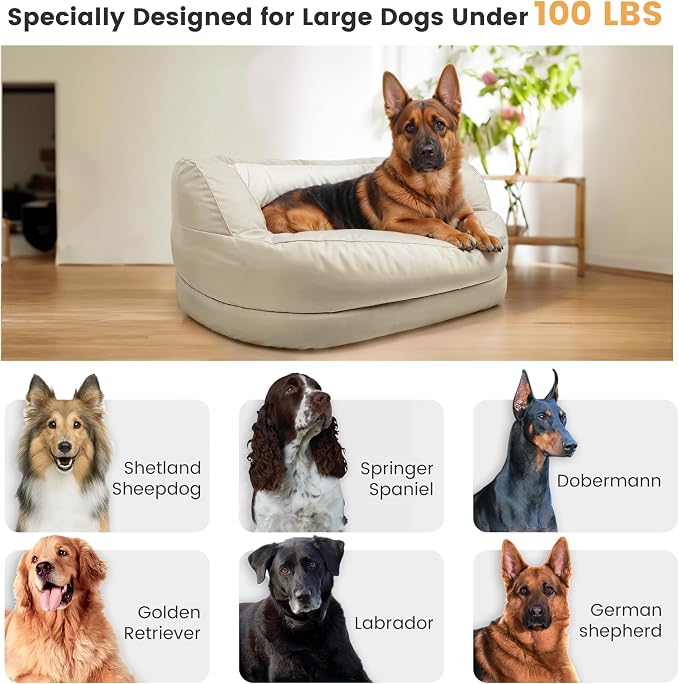 Calming Dog Bed for Large Medium Dogs, XXL 16" Depth High Sides Cuddler Large Dog Couch Bed Oval Anti Anxiety Dog Bed with Head Support - Supportive Foam and Soft Cotton, Beige