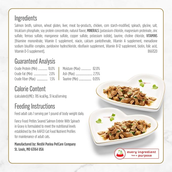 Fancy Feast Purina Petites Seared Salmon Entree with Spinach in Gravy Gourmet Wet Cat Food - 2.8 oz. Tubs,(Pack of 24)