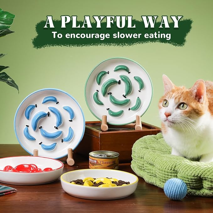 Ceramic Cat Slow Feeder Bowl - Vibrant Cat Feeding Bowl - Cute Maze Food Dish for Slow Eating - Dishwasher Safe - 6.3''W x 1.2''H - 7 OZ - Blue