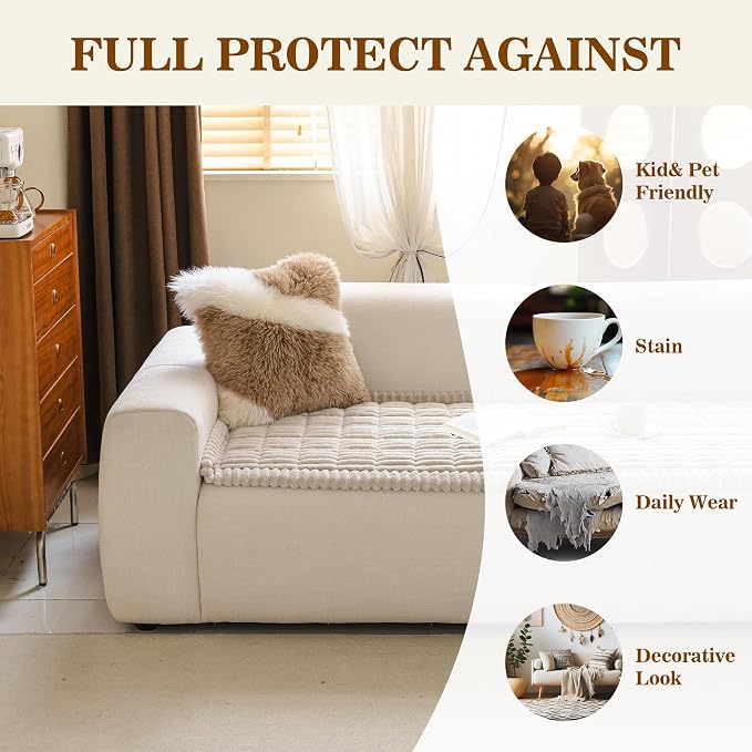 MYSKY HOME Couch Covers for 3-4 Cushion Sofa Pet Friendly, Couch Cover for Dogs, Sofa Covers for Pets Washable, Soft Non-Slip Sofa Slipcovers Furniture Protector Covers, Oatmeal, 27.6" x 82.7"