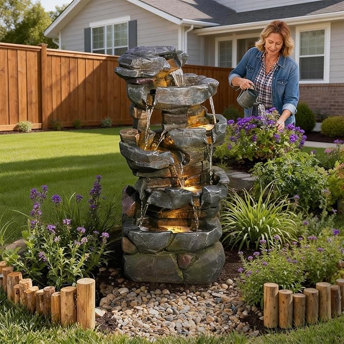 Sunlinua 42" H Outdoor Water Fountain with 5 Tiers Large Cascading Realistic Tree Trunk Waterfall Fountains with LED Lights Outdoor Water Fountain for Garden Patio Backyard Porch Home Decor