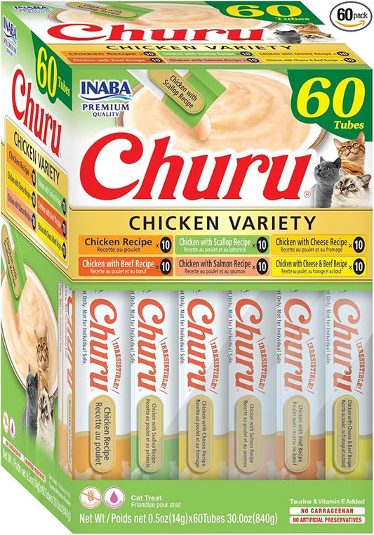 INABA Churu Cat Treats, Lickable, Squeezable Creamy Purée Cat Treat with Green Tea Extract & Taurine, 0.5 Ounces Each Tube, 60 Tubes, Chicken Variety Box