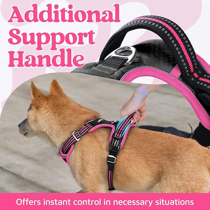 rabbitgoo Dog Harness Medium Sized, 3 Buckles Easy On & Off No Pull Pet Vest, Soft Padded Walking Pet Harness with Control Handle, Adjustable and Reflective, Black & Rose Pink, M