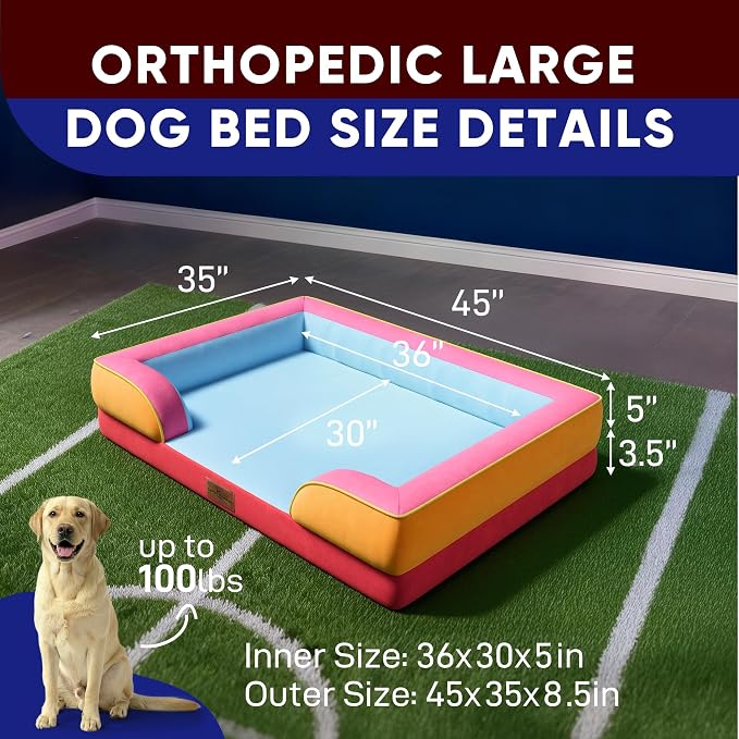 Comfort Expression Orthopedic Dog Bed for Extra Large Dogs 45x35 Inch, Waterproof Egg Crate Foam XL Pet Bed with Bolsters, Dog Couch with Washable Cover & Non-Slip Bottom, Miami