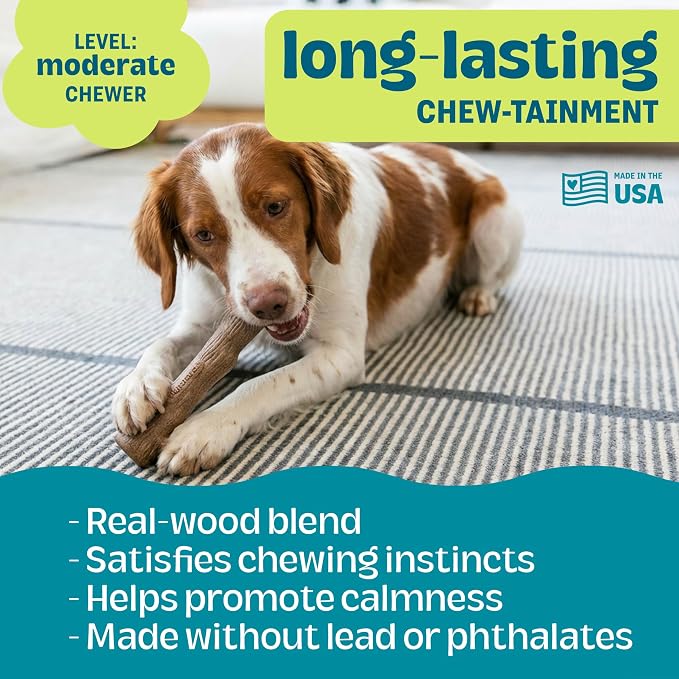 Pupstages Dogwood Dog Chew Toy, Made in the USA – Real-Wood Blend, Natural Flavor & Texture, Moderate Chewers, Medium, 7.4"