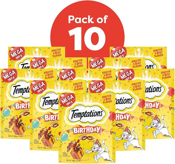 Temptations Birthday Cat Treats, Crunchy and Soft Cat Treats, Lobster & Beef Flavor, 6.3 oz. Pouch (Pack of 10)