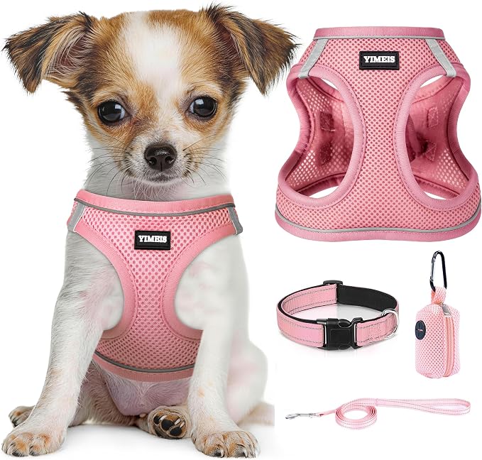 YIMEIS Dog Harness and Leash Set, No Pull Soft Mesh Pet Harness, Reflective Adjustable Puppy Vest for Small Medium Large Dogs, Cats (Pink-Update, Medium (Pack of 1)