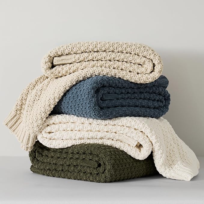 EVERGRACEHOME Chunky Chenille Knit Throw Blanket for Couch, Soft Luxurious Moss Stitch Blankets for Bed, Cozy Decorative Farmhouse Knitted Throws for Sofa, Ivory White, 50" x 60"