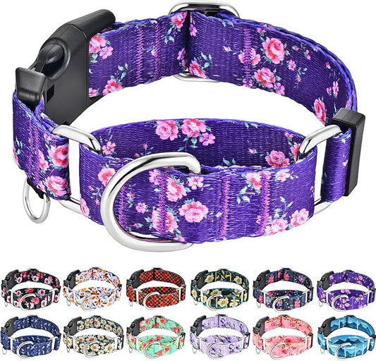 Martingale Collar for Dogs with Buckle Floral Dog Collar Girl Female Soft Nylon Dog Collars for Small Medium Large Dogs (Purple Flower, S)