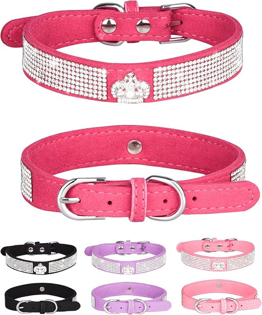 Dog Collar for Small Dogs, Adjustable Leather Suede Bling Dog Collars，Pink Dog Collar Cat Collar, Rhinestone Dog Collar (L, Rose red3)