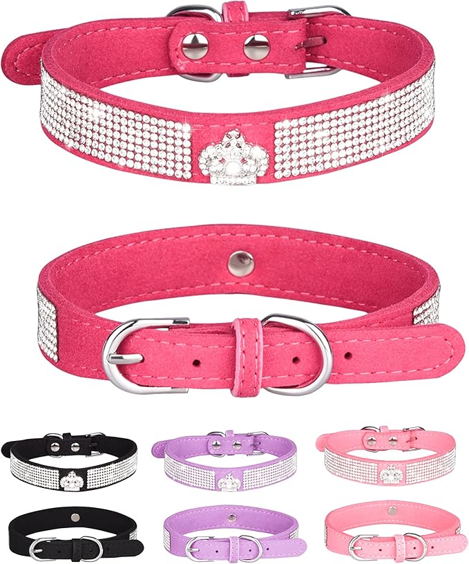 Dog Collar for Small Dogs, Adjustable Leather Suede Bling Dog Collars，Pink Dog Collar Cat Collar, Rhinestone Dog Collar (S, Rose red3)