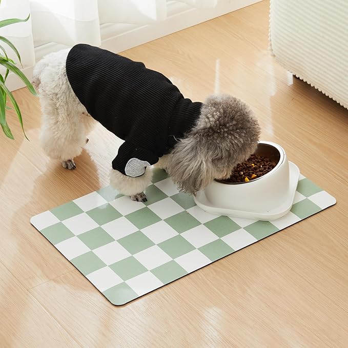 Checkered Dog Feeding Mat, Absorbent Mats for Dog Food and Water Bowl, Dispenser, Modern Aesthetic Sage Green Checkerboard Pet Placemat for Dogs, Cats, Puppy, 16" X24”