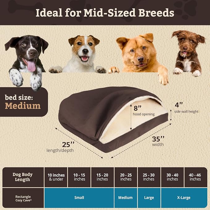 Snoozer Rectangle Cozy Cave Dog Bed - Indoor Dog Bed with Cover Cave, Covered Calming Burrow for Small & Medium Sized Pets with Blanket Attached, Enclosed, Washable Cover - Medium, Hot Fudge