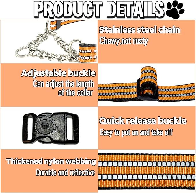 Martingale Dog Collars, Reflective Nylon Collar with Stainless Steel Chain, Adjustable Walking Training Dog Collars with Quick Release Buckle, Suitable for Small Medium Large Dogs(Orange,S)