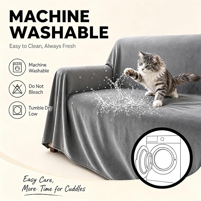 LOllON Velvet Couch Cover for Cats Dogs Kids - 100% Waterproof Cat Scratch Resistant Sofa Cover, Non-Slip Washable Furniture Protector,Ultra Soft Pet-Friendly Slipcover for 3-Seat Sofa 118"x71" Grey