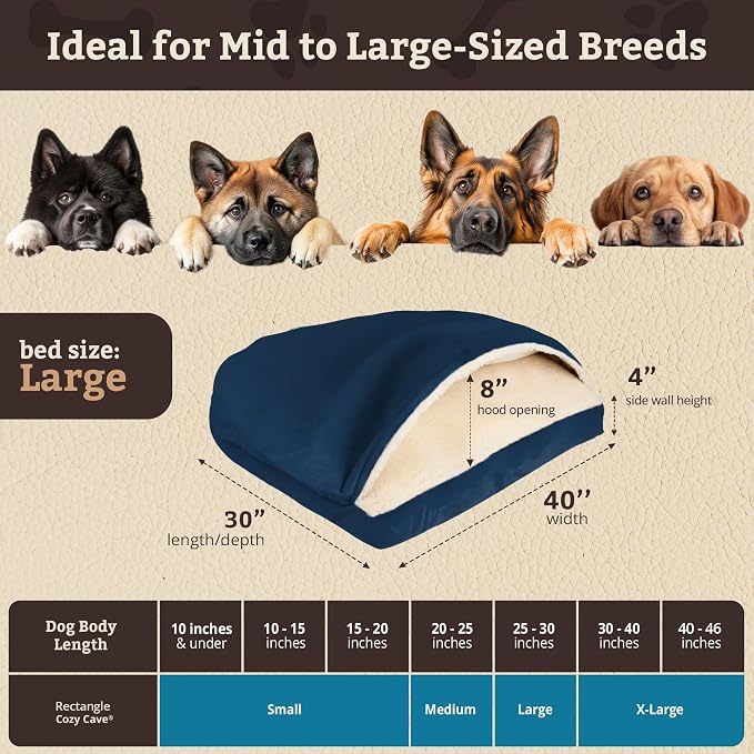 Snoozer Rectangle Cozy Cave Dog Bed - Indoor Dog Bed with Cover Cave, Covered Calming Burrow for Medium & Large Sized Pets with Blanket Attached, Enclosed, Washable Cover - Large, Sapphire