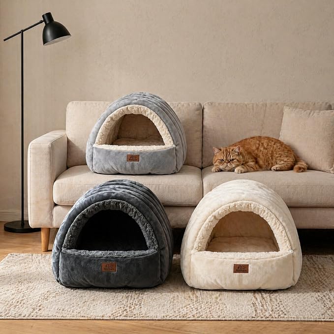 Covered Cat Bed Cave for Indoor Cats, 2-in-1 Enclosed Pet Bed for Kittens with Zippered Washable Cat Mats, Cat House Bed, Beige