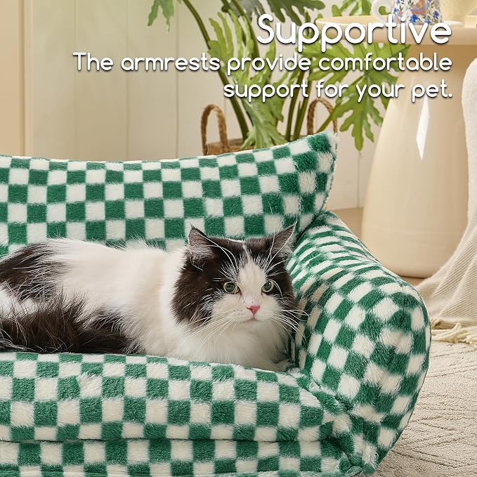 Hollypet Cat Bed Fluffy Plush Multifunctional Double-Layer Machine Washable Soft Warming Kitty Pet Couch Orthopedic Nest Beds for Small Cats and Dogs up to 13lbs, Forest Green ＆ White(25x20x13in)