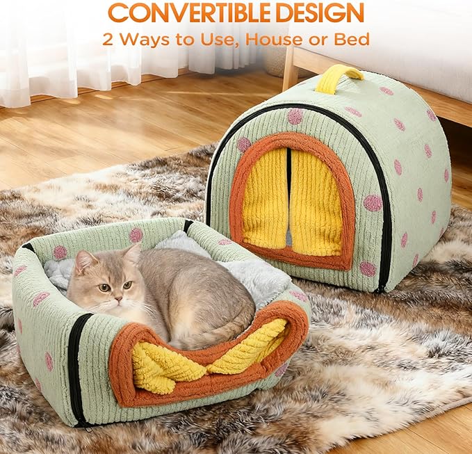 Dog House Indoor for Small Dogs, 2-in-1 Enclosed Dog Bed with Cover Cave & Curtain, Dog Tent with Plush Washable Cushion, Inside Dog House for Pets Under 17 lbs(Green, Medium)