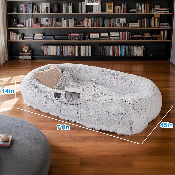 Human Dog Bed for Adults, 71"x45"x14" Giant Fluffy Dog Bed for Humans, Washable Faux Fur Napping Bed, Orthopedic Human Pet Bed with Non-Slip Bottom