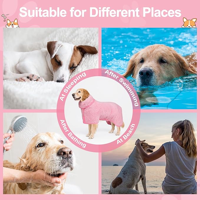 Bienbee Dog Bathrobe, Quick Drying Super Absorbent Pet Robes for Small Medium Large Dogs, Drying Coat for After Bath & Swim, Warm & Cozy Dogs Towels, Dog Puppy Bath Supplies, Pink XXL