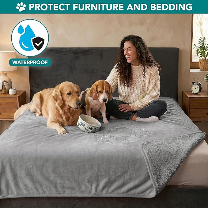 PetAmi Waterproof Dog & Cat Blanket, Pee Proof for Couch, Reversible, Soft Fleece, Washable, 40x60 Light Gray